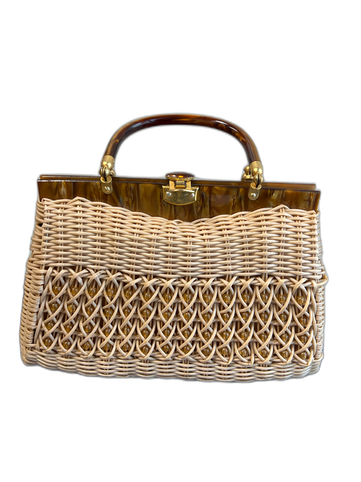Charming Brown Woven Top Handle Lock Clasp Beaded Bag Brown / Medium