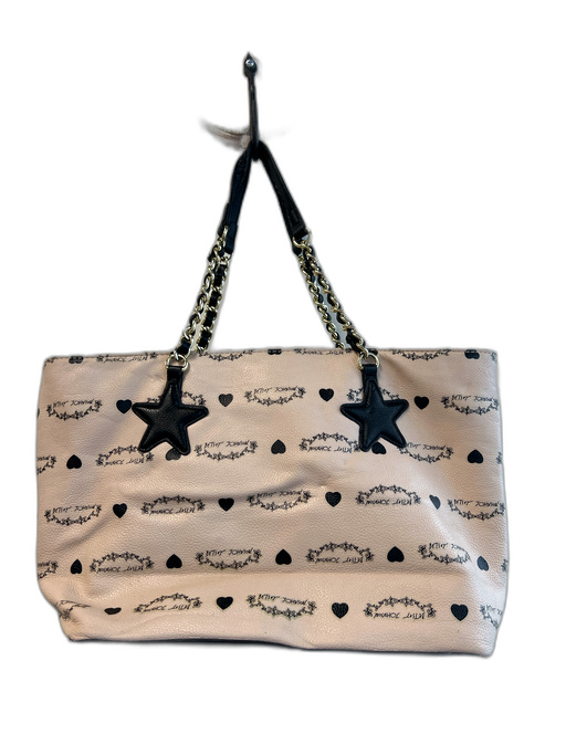 Betsy Johnson Peach & Black Polyurethane Zip Close Gold Hardware Top Handles Bag Peach & Black / Medium