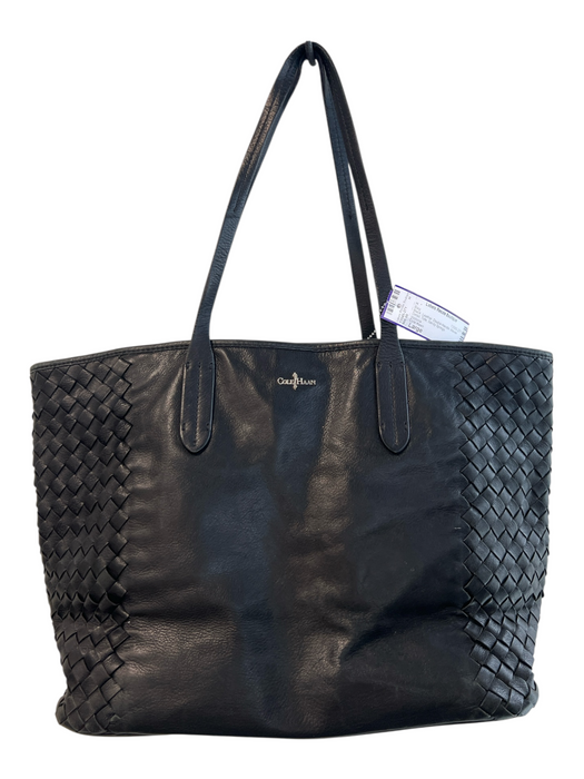 Cole Haan Black Leather Double Handle Woven Detail Tote Bag Black / Large