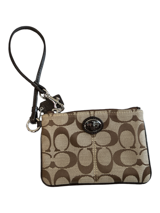Coach Brown & Tan Canvas Top Zipper Monogram silver hardware Wristlet Brown & Tan / XS