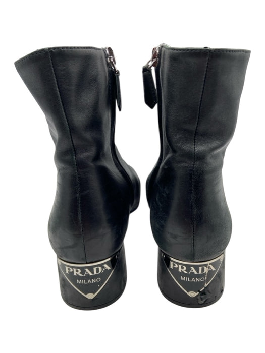 Prada Shoe Size 36.5 Black Leather Side Zip Block Heel Ankle Booties Black / 36.5