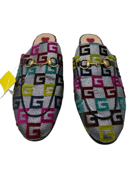 Gucci Shoe Size 36 Gray, Pink, Blue Caviar Leather Velvet G Motif Mules Loafers Gray, Pink, Blue / 36