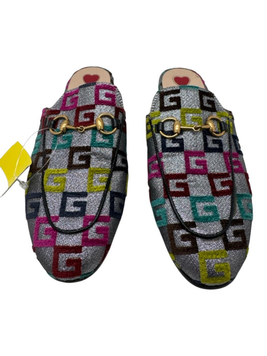 Gucci Shoe Size 36 Gray, Pink, Blue Caviar Leather Velvet G Motif Mules Loafers Gray, Pink, Blue / 36