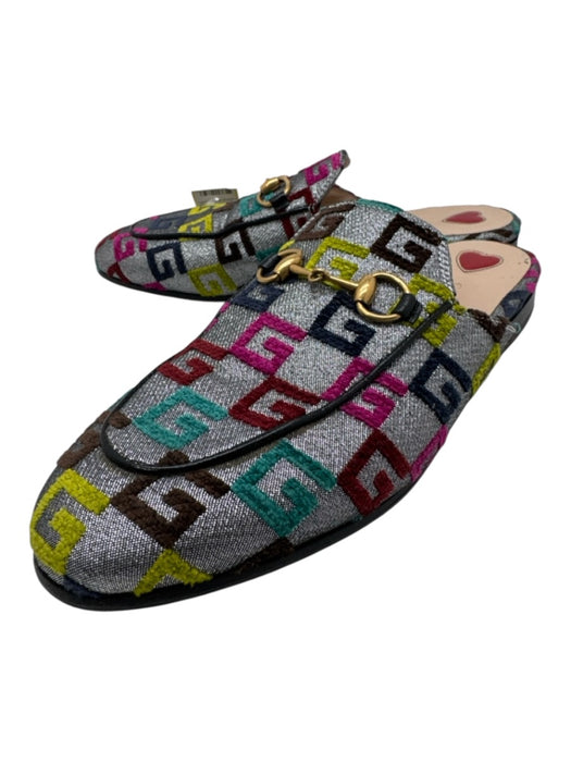 Gucci Shoe Size 36 Gray, Pink, Blue Caviar Leather Velvet G Motif Mules Loafers Gray, Pink, Blue / 36