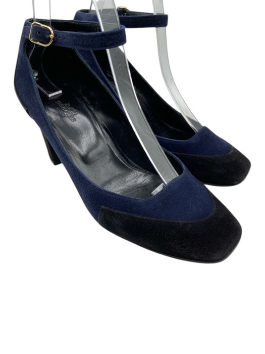 Hermes Shoe Size 36.5 Navy Blue & Black Suede Color Block Pointed Box Toe Pumps Navy Blue & Black / 36.5
