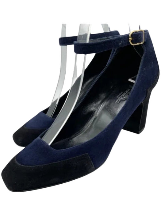 Hermes Shoe Size 36.5 Navy Blue & Black Suede Color Block Pointed Box Toe Pumps Navy Blue & Black / 36.5