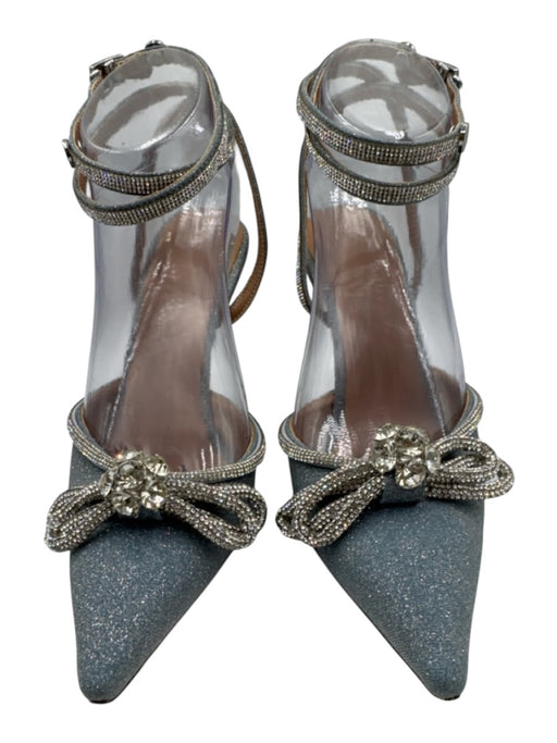 Shoe Size 6.5 Blue & Silver Glitter Bow Ankle Wrap Pointed Toe Pumps Blue & Silver / 6.5