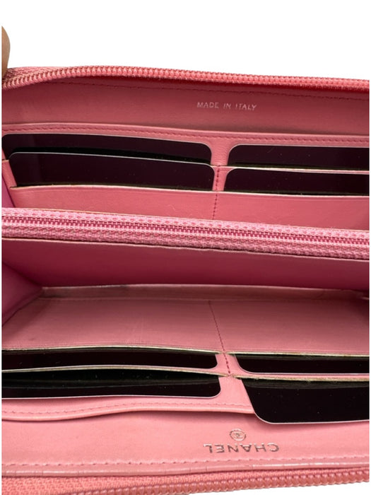 Chanel Light Pink Leather Floral Embossed Camellia Zip Around Wallets Light Pink