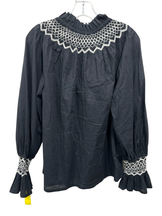 Figue Size Small Black & White Cotton Long Sleeve Embroidered V Neck Top Black & White / Small