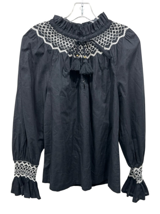Figue Size Small Black & White Cotton Long Sleeve Embroidered V Neck Top Black & White / Small