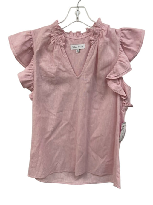 Willa Story Size XS Pink Cotton & Linen V Neck Ruffle Cap Sleeve Top Pink / XS
