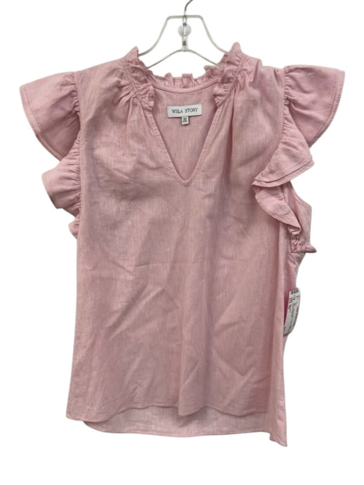 Willa Story Size XS Pink Cotton & Linen V Neck Ruffle Cap Sleeve Top Pink / XS