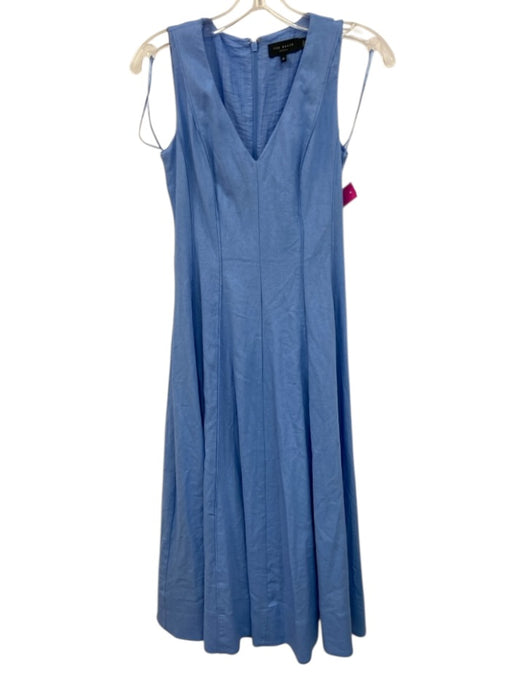 Ted Baker Size 0 Blue Linen Blend Paneled V Neck Midi Dress Blue / 0