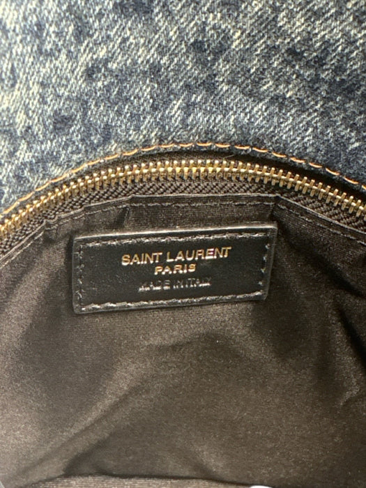 Saint Laurent Blue & Brown Textile Quilted Gold Logo Magnetic Flap Bag Blue & Brown / S
