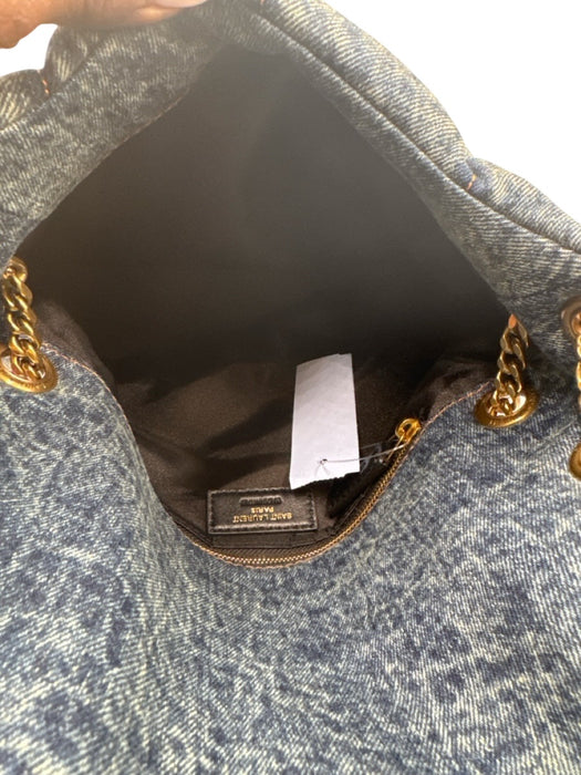 Saint Laurent Blue & Brown Textile Quilted Gold Logo Magnetic Flap Bag Blue & Brown / S