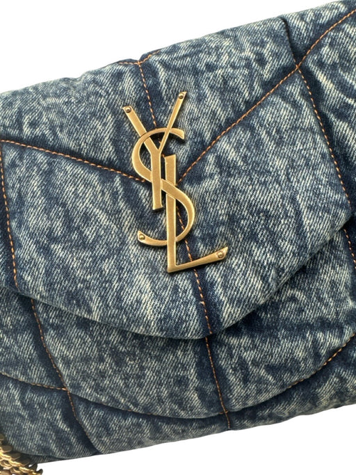 Saint Laurent Blue & Brown Textile Quilted Gold Logo Magnetic Flap Bag Blue & Brown / S