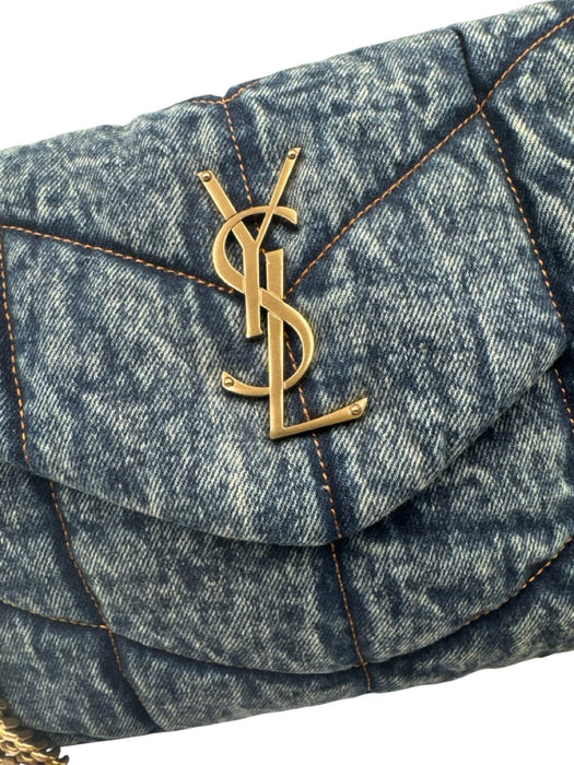 Saint Laurent Blue & Brown Textile Quilted Gold Logo Magnetic Flap Bag Blue & Brown / S
