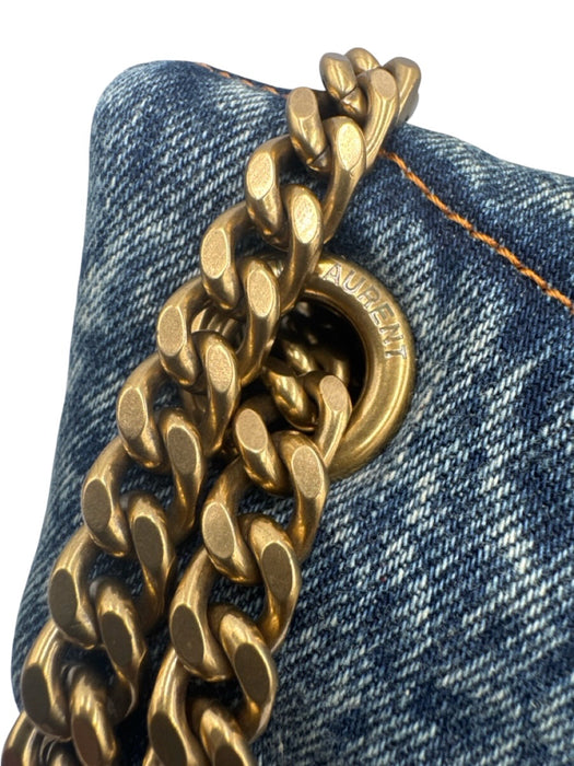 Saint Laurent Blue & Brown Textile Quilted Gold Logo Magnetic Flap Bag Blue & Brown / S
