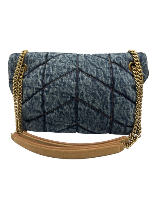 Saint Laurent Blue & Brown Textile Quilted Gold Logo Magnetic Flap Bag Blue & Brown / S