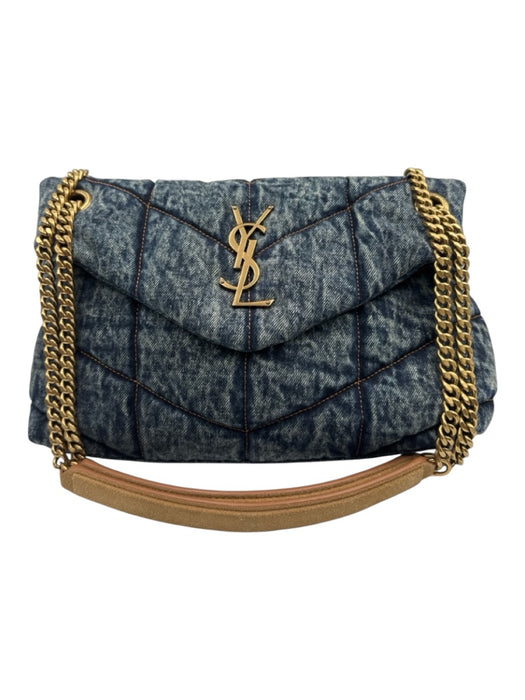 Saint Laurent Blue & Brown Textile Quilted Gold Logo Magnetic Flap Bag Blue & Brown / S