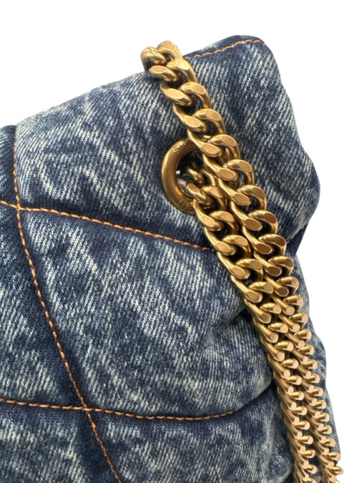 Saint Laurent Blue & Brown Textile Quilted Gold Logo Magnetic Flap Bag Blue & Brown / S