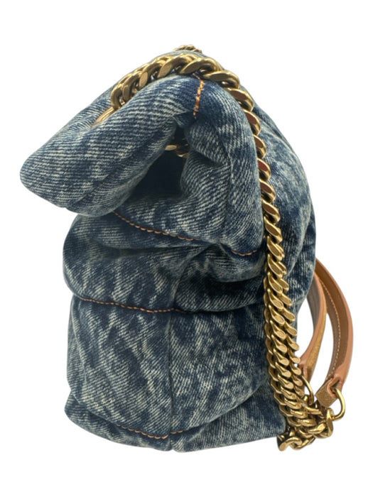 Saint Laurent Blue & Brown Textile Quilted Gold Logo Magnetic Flap Bag Blue & Brown / S