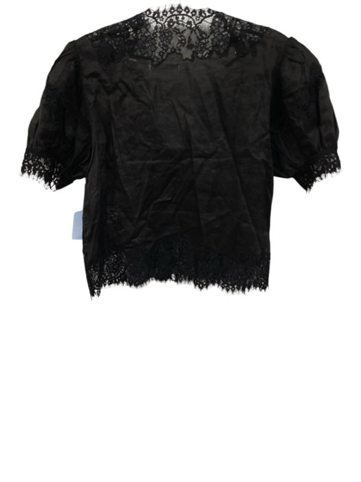 Doen Size S Black Ramie Short Puff Sleeve Lace Trim Buttons Top Black / S