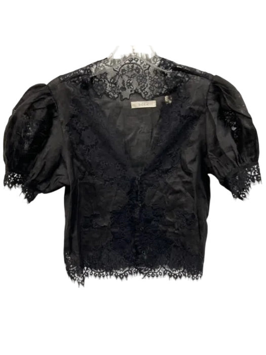 Doen Size S Black Ramie Short Puff Sleeve Lace Trim Buttons Top Black / S