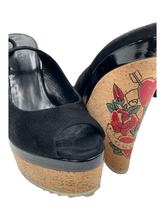 Gucci Shoe Size 39.5 Black & Beige Suede & Cork Peep Toe Slingback Wedges Black & Beige / 39.5