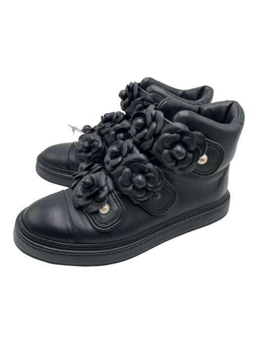 Chanel Shoe Size 39.5 Black Leather High Top Button Close Round Toe Sneakers Black / 39.5