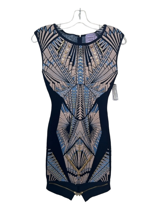 Herve Leger Size XS Navy & Blue Rayon Blend Zipper Detail Aztec Body Con Dress Navy & Blue / XS