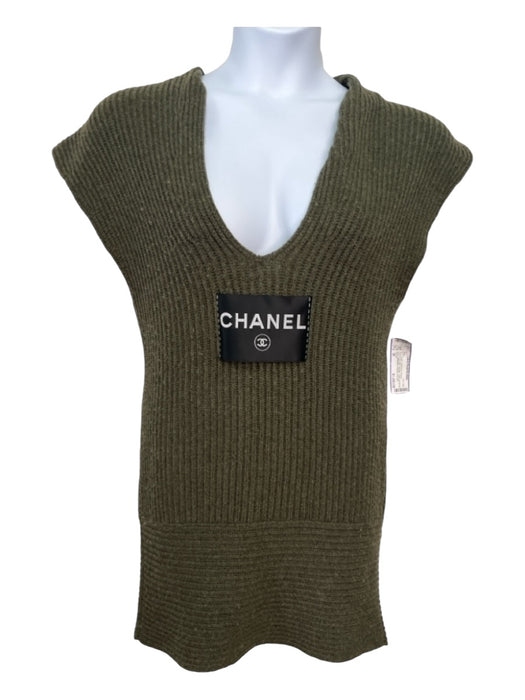 Chanel Size 38 Army Green Cashmere Ribbed Sleeveless Mini Sweater Dress Army Green / 38