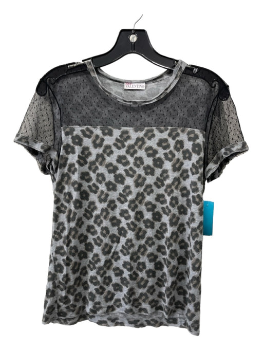 Red Valentino Size Est S Grey & Black Cotton Blend Cap Sleeve Lace Heathered Top Grey & Black / Est S