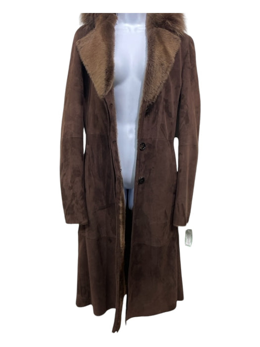 Artico Size 42/S Brown Suede & Fur Fox Fur Trim Hood Button Down Coat Brown / 42/S