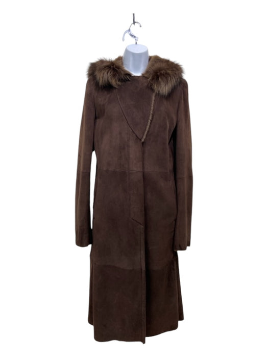 Artico Size 42/S Brown Suede & Fur Fox Fur Trim Hood Button Down Coat Brown / 42/S