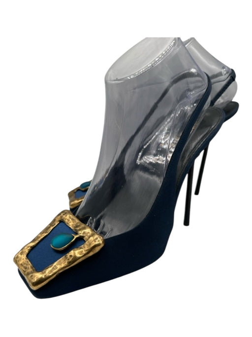 Saint Laurent Shoe Size 39.5 Navy Blue & Black Nylon Slingbacks Square Toe Pumps Navy Blue & Black / 39.5