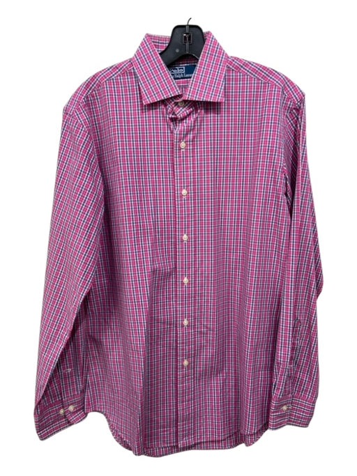 Polo Size 15.5 Purple & Blue Print Cotton Blend Plaid Men's Long Sleeve Shirt 15.5