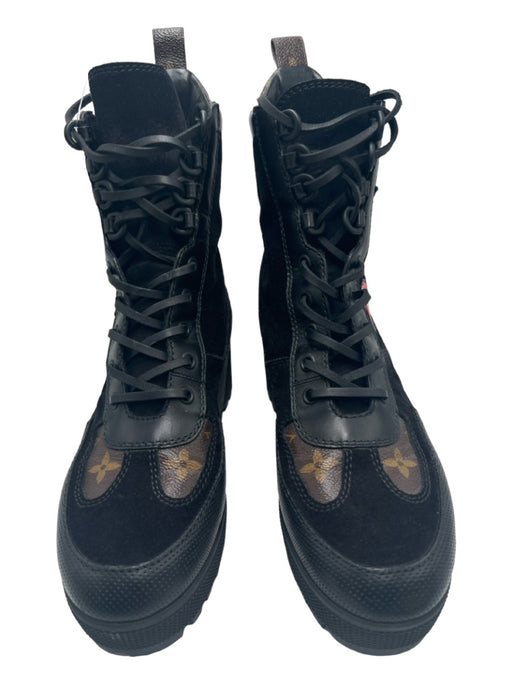 Louis Vuitton Shoe Size 37.5 Black & Multi Leather & Rubber Lace Up Combat Boots Black & Multi / 37.5