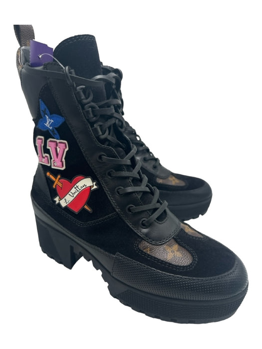 Louis Vuitton Shoe Size 37.5 Black & Multi Leather & Rubber Lace Up Combat Boots Black & Multi / 37.5