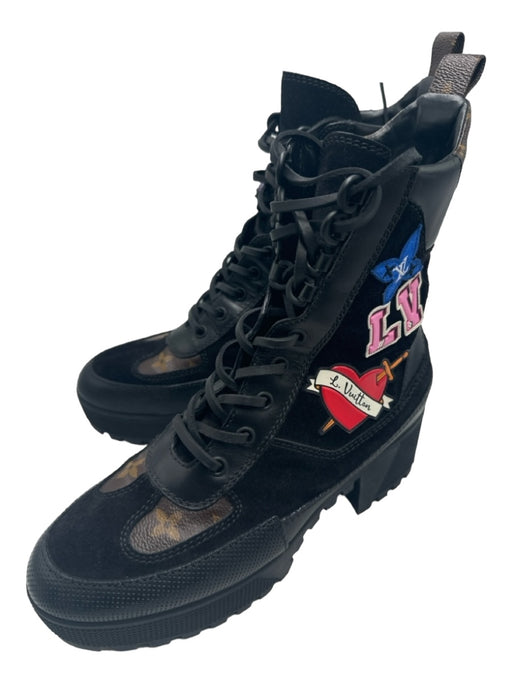 Louis Vuitton Shoe Size 37.5 Black & Multi Leather & Rubber Lace Up Combat Boots Black & Multi / 37.5