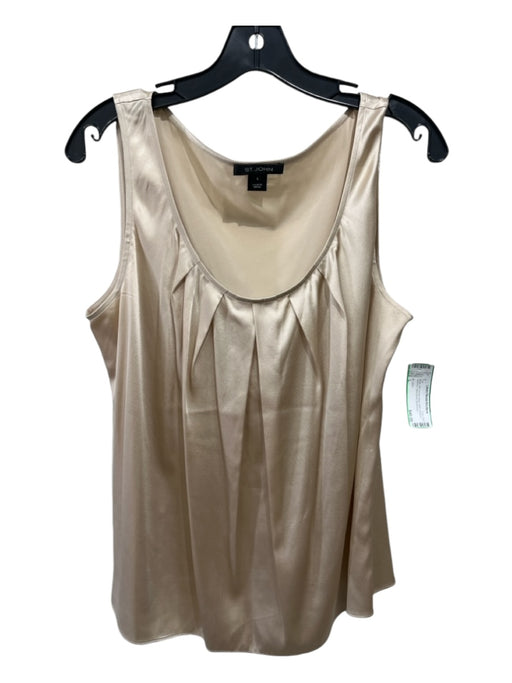 St. John Size L Beige Silk Scoop Neck Satin Pleated Neckline Sleeveless Top Beige / L