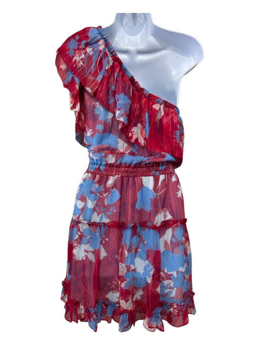 Shoshanna Size 10 Blue, Red, Gold Silk Blend Ruffle Floral Elastic Waist Dress Blue, Red, Gold / 10