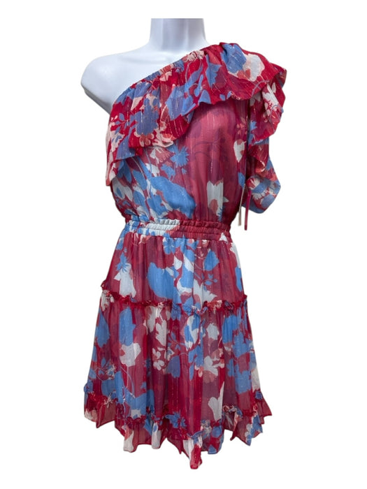 Shoshanna Size 10 Blue, Red, Gold Silk Blend Ruffle Floral Elastic Waist Dress Blue, Red, Gold / 10
