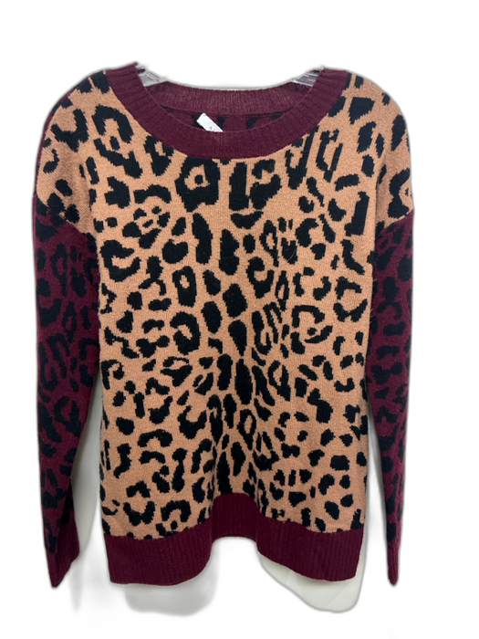 A.L.C. Size S Burgundy, Tan & Cream Wool Rib Knit Cheetah Crew Neck Sweater Burgundy, Tan & Cream / S