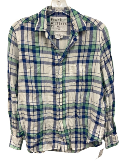 Frank & Eilen Size XXS Blue, Green, White Linen Blend Plaid Long Sleeve Top Blue, Green, White / XXS