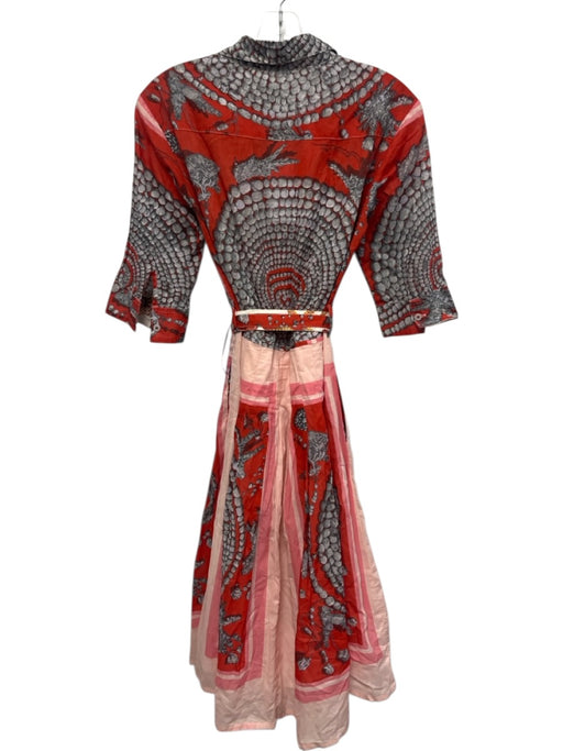 Dizzy Lizzie Size S Red, Gray, Pink Cotton Beaded Print Button Down Midi Dress Red, Gray, Pink / S