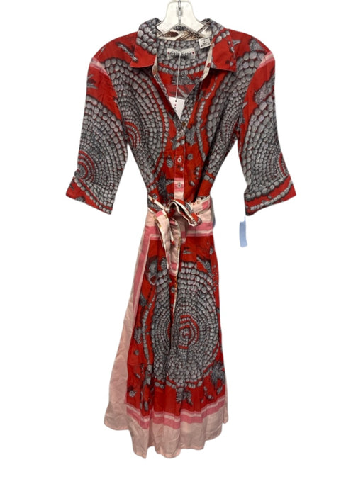 Dizzy Lizzie Size S Red, Gray, Pink Cotton Beaded Print Button Down Midi Dress Red, Gray, Pink / S