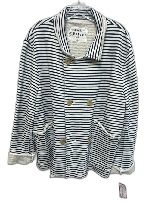 Frank & Eileen Size XL White & Navy Blue Cotton Striped Double Breasted Jacket White & Navy Blue / XL
