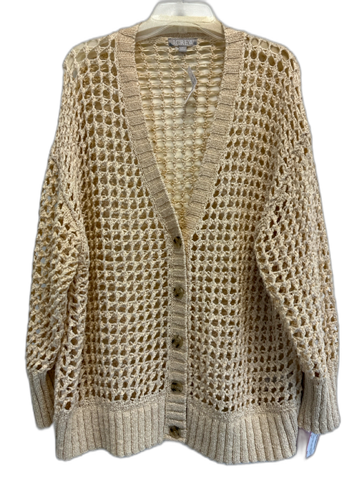J. Crew Size M Cream Beige Cotton Blend Open Knit Button Front V Neck Sweater Cream Beige / M