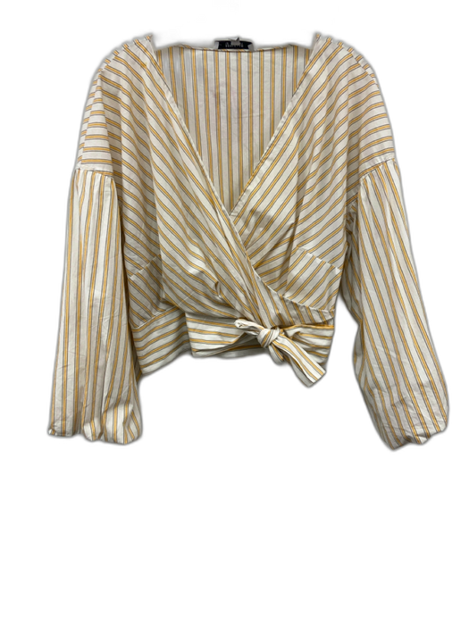Derek Lam 10 Crosby Size 14 Cream White & Yellow Cotton Striped Wrap Front Top Cream White & Yellow / 14